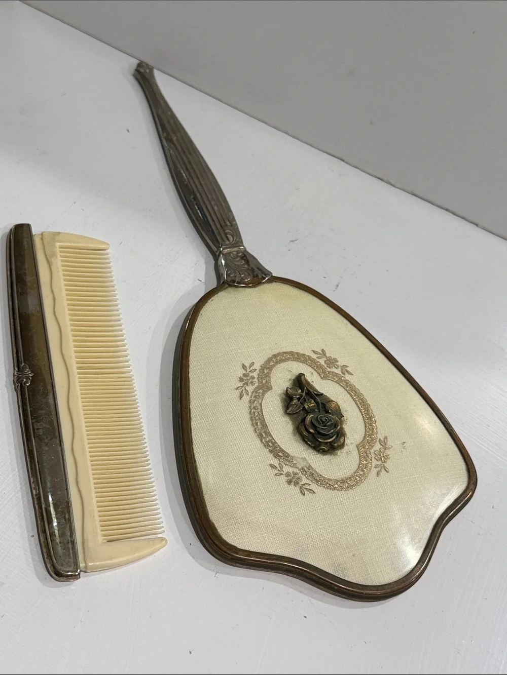 Vintage Mid Century Hollywood Regency Style Silver Hand Mirror & Cream Comb Set